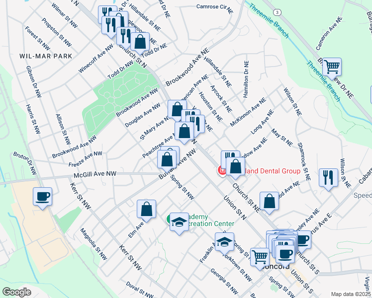 map of restaurants, bars, coffee shops, grocery stores, and more near 1 Buffalo Avenue Northwest in Concord
