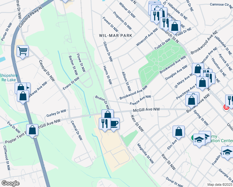 map of restaurants, bars, coffee shops, grocery stores, and more near 516 Harris Street Northwest in Concord