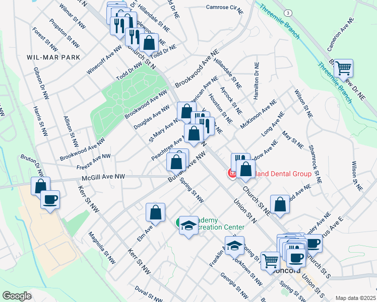 map of restaurants, bars, coffee shops, grocery stores, and more near 1 Buffalo Avenue Northwest in Concord