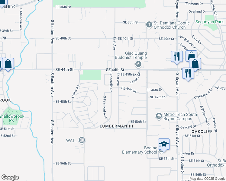 map of restaurants, bars, coffee shops, grocery stores, and more near 4712 Cinderella Drive in Oklahoma City