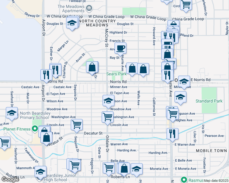 map of restaurants, bars, coffee shops, grocery stores, and more near 419 El Tejon Avenue in Bakersfield