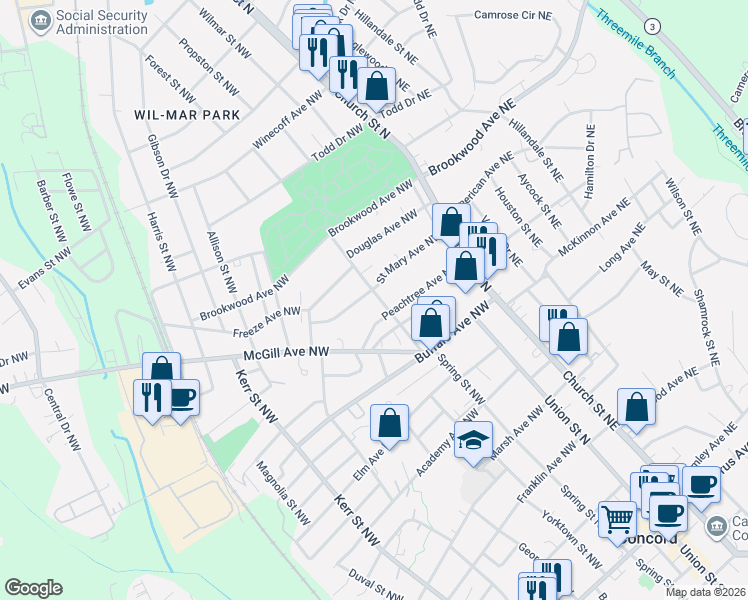 map of restaurants, bars, coffee shops, grocery stores, and more near 100 Peachtree Avenue Northwest in Concord