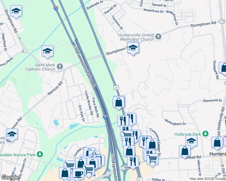 map of restaurants, bars, coffee shops, grocery stores, and more near 14340 Hunters Road in Huntersville