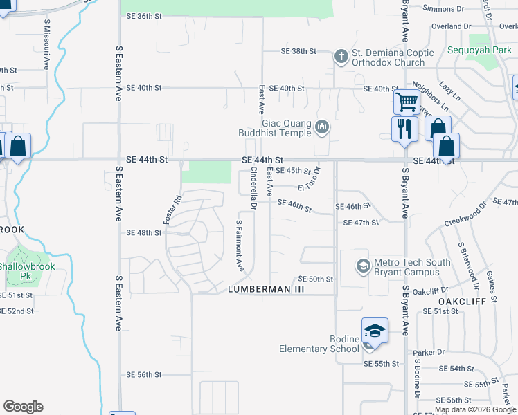 map of restaurants, bars, coffee shops, grocery stores, and more near 4712 Cinderella Drive in Oklahoma City