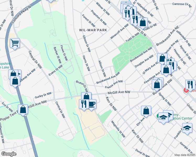 map of restaurants, bars, coffee shops, grocery stores, and more near 505 Gibson Drive Northwest in Concord
