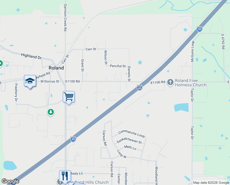 map of restaurants, bars, coffee shops, grocery stores, and more near Oak Ridge Drive in Roland
