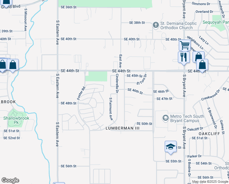 map of restaurants, bars, coffee shops, grocery stores, and more near 4712 Cinderella Drive in Oklahoma City