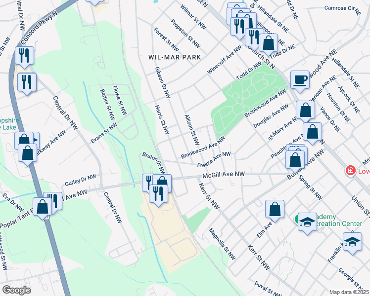 map of restaurants, bars, coffee shops, grocery stores, and more near 505 Gibson Drive Northwest in Concord