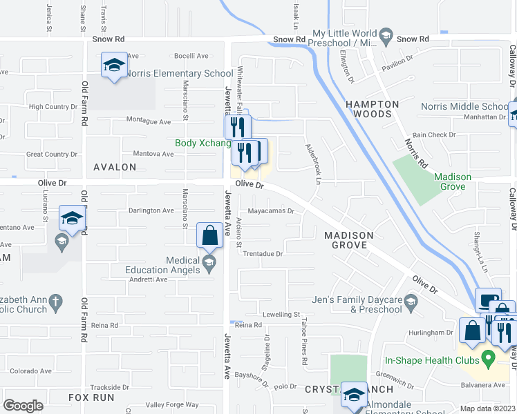 map of restaurants, bars, coffee shops, grocery stores, and more near 6502 Tulocay Court in Bakersfield
