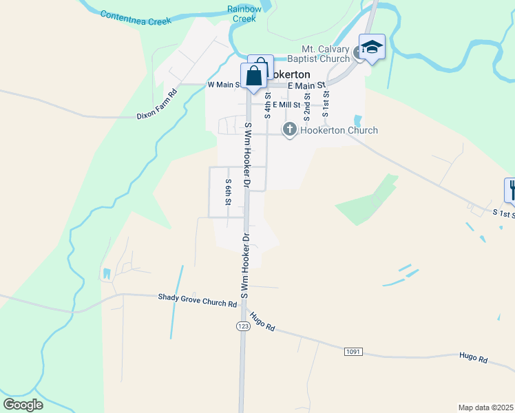 map of restaurants, bars, coffee shops, grocery stores, and more near Barbara Hooker Road in Hookerton