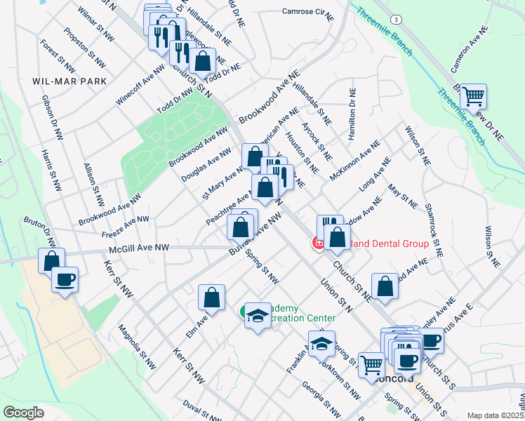 map of restaurants, bars, coffee shops, grocery stores, and more near 1 Buffalo Avenue Northwest in Concord