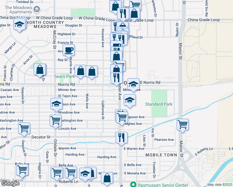 map of restaurants, bars, coffee shops, grocery stores, and more near 103 El Tejon Avenue in Bakersfield