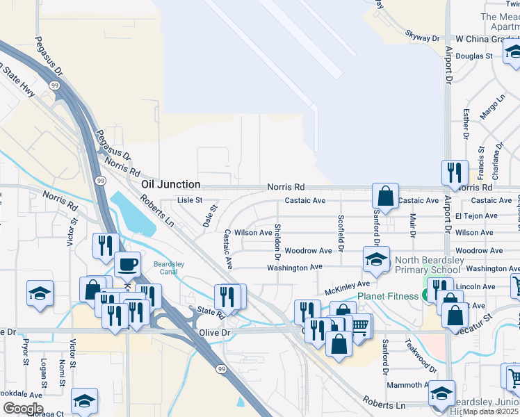 map of restaurants, bars, coffee shops, grocery stores, and more near 1308 El Tejon Avenue in Bakersfield
