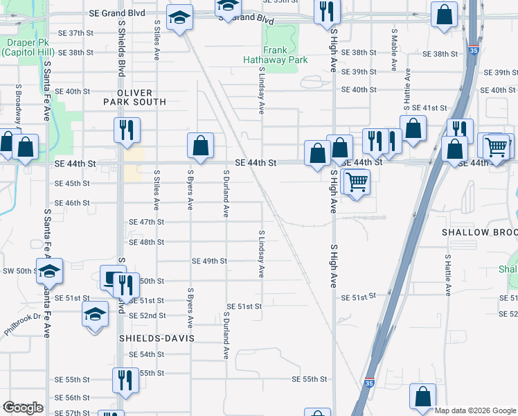 map of restaurants, bars, coffee shops, grocery stores, and more near 605 Southeast 47th Street in Oklahoma City