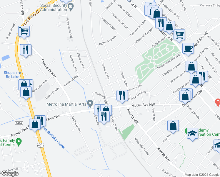 map of restaurants, bars, coffee shops, grocery stores, and more near 529 Harris Street Northwest in Concord