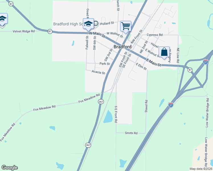 map of restaurants, bars, coffee shops, grocery stores, and more near 5180 Arkansas 367 in Bradford