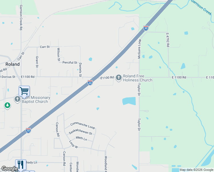 map of restaurants, bars, coffee shops, grocery stores, and more near 104 Stone Drive in Roland