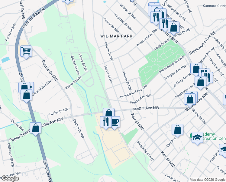 map of restaurants, bars, coffee shops, grocery stores, and more near 529 Harris Street Northwest in Concord