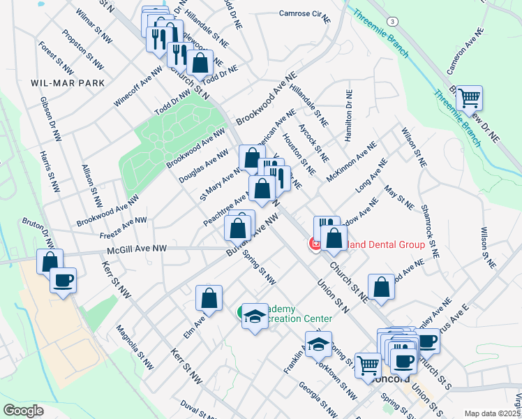 map of restaurants, bars, coffee shops, grocery stores, and more near 1 Buffalo Avenue Northwest in Concord