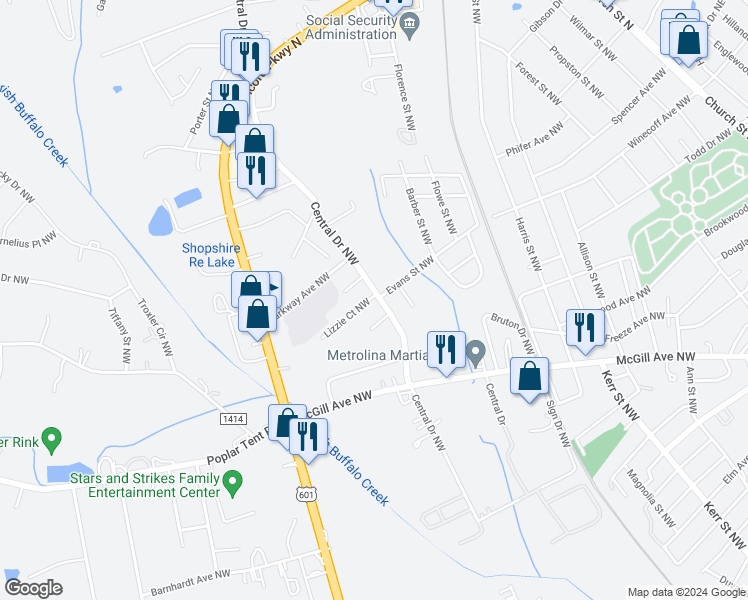 map of restaurants, bars, coffee shops, grocery stores, and more near 633 Central Drive Northwest in Concord