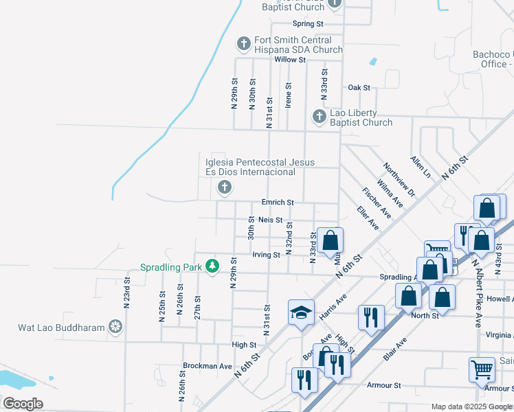 map of restaurants, bars, coffee shops, grocery stores, and more near 3006 Emrich Street in Fort Smith