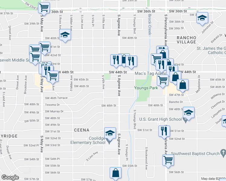 map of restaurants, bars, coffee shops, grocery stores, and more near 2416 Southwest 46th Street in Oklahoma City