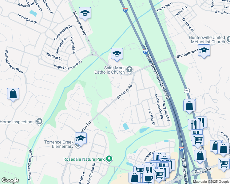 map of restaurants, bars, coffee shops, grocery stores, and more near 15111 Ranson Road in Huntersville