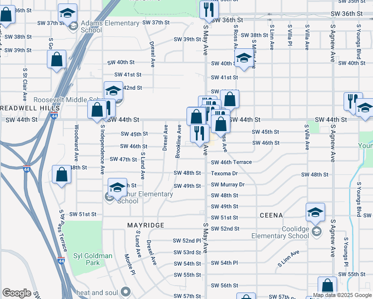 map of restaurants, bars, coffee shops, grocery stores, and more near 2932 Southwest 46th Street in Oklahoma City