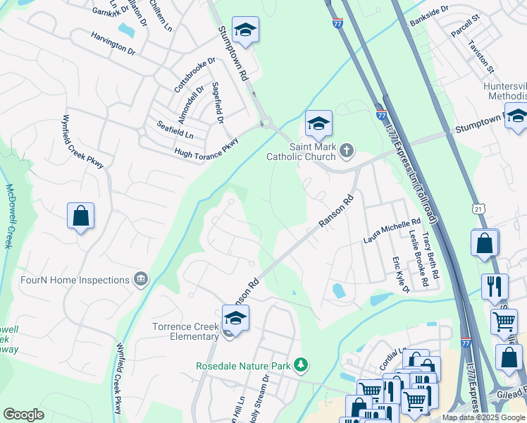 map of restaurants, bars, coffee shops, grocery stores, and more near 15215 Timberview Lane in Huntersville