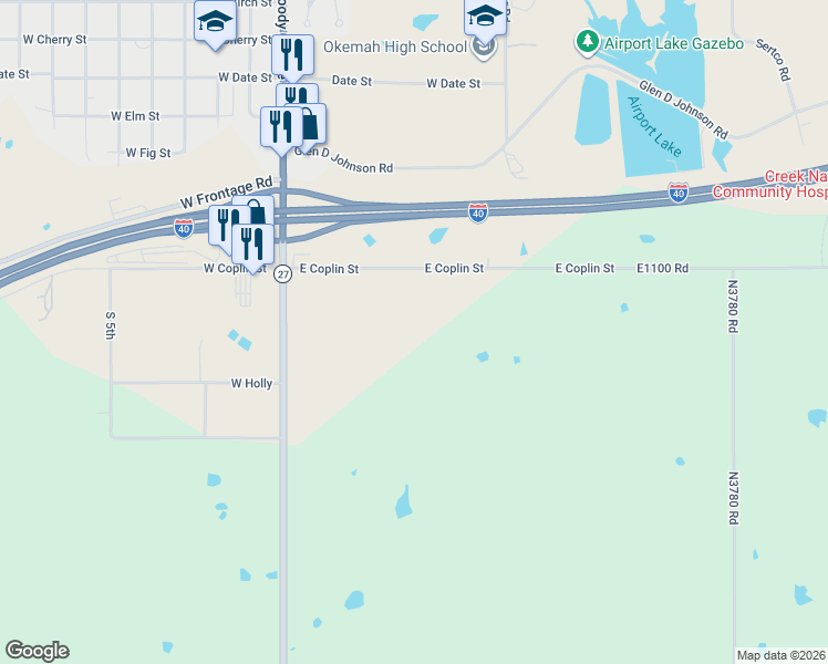 map of restaurants, bars, coffee shops, grocery stores, and more near in Okemah