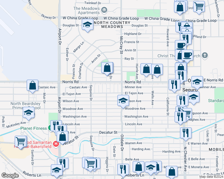 map of restaurants, bars, coffee shops, grocery stores, and more near 1305 Shasta Drive in Bakersfield