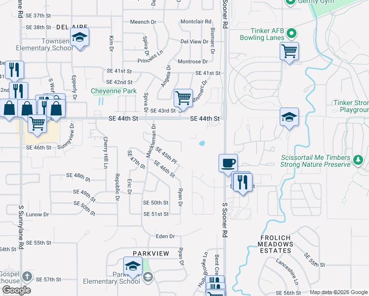 map of restaurants, bars, coffee shops, grocery stores, and more near 4548 Kiva Court in Oklahoma City