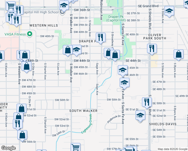 map of restaurants, bars, coffee shops, grocery stores, and more near 228 Southwest 46th Street in Oklahoma City