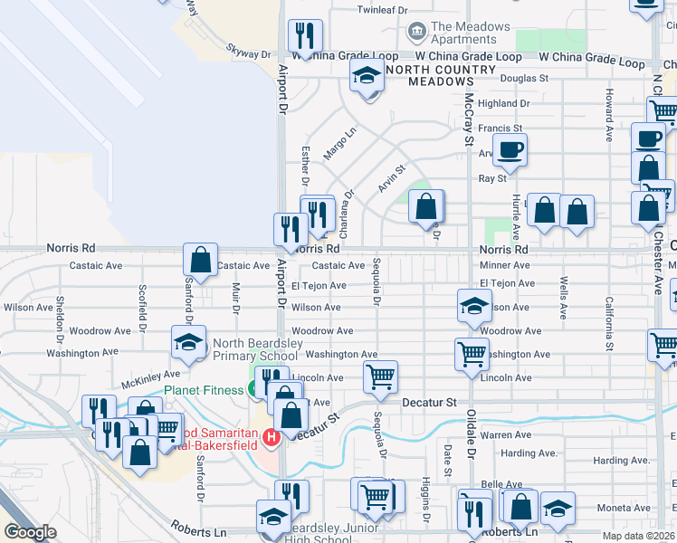 map of restaurants, bars, coffee shops, grocery stores, and more near 717 Castaic Avenue in Bakersfield