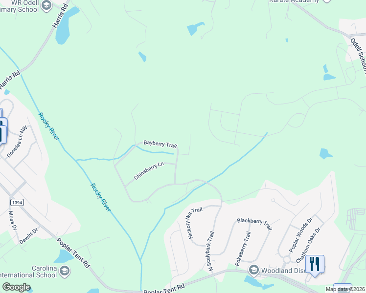 map of restaurants, bars, coffee shops, grocery stores, and more near 8710 Bayberry Trail in Concord