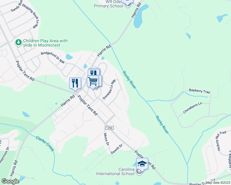 map of restaurants, bars, coffee shops, grocery stores, and more near 1136 Lolabridge Street Northwest in Concord