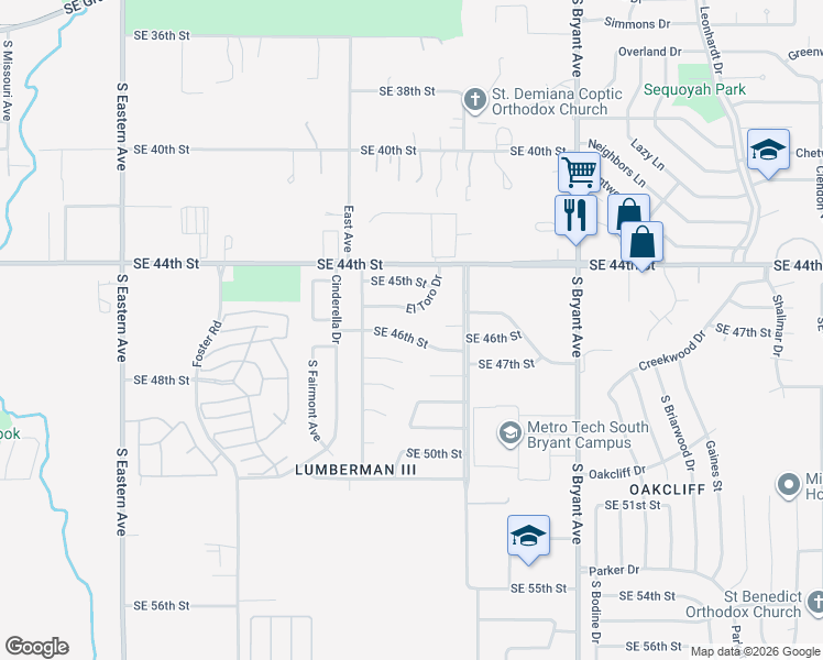 map of restaurants, bars, coffee shops, grocery stores, and more near 2620 Southeast 46th Street in Oklahoma City