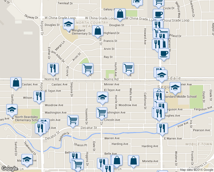 map of restaurants, bars, coffee shops, grocery stores, and more near 419 El Tejon Avenue in Bakersfield