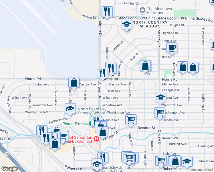map of restaurants, bars, coffee shops, grocery stores, and more near 819 El Tejon Avenue in Bakersfield