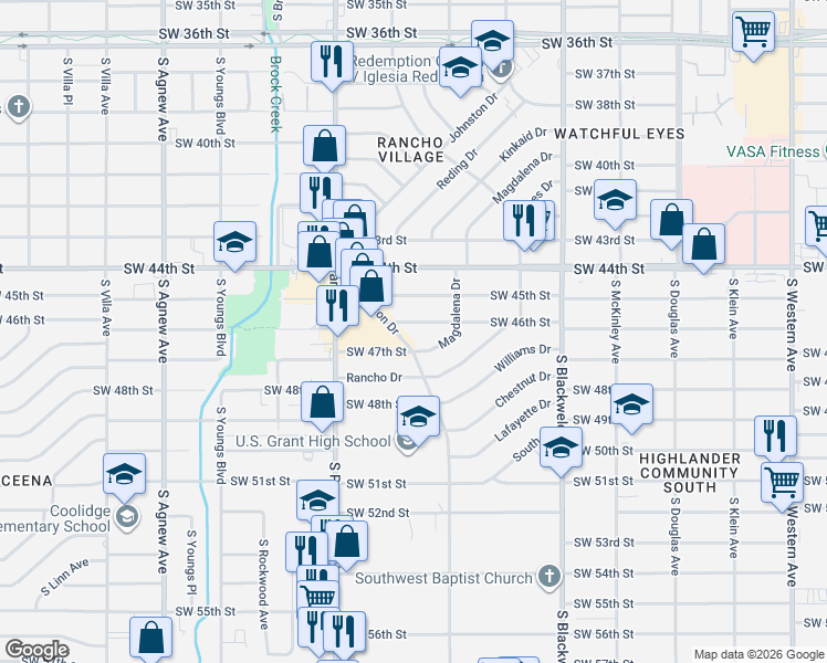 map of restaurants, bars, coffee shops, grocery stores, and more near 1600 Southwest 47th Street in Oklahoma City