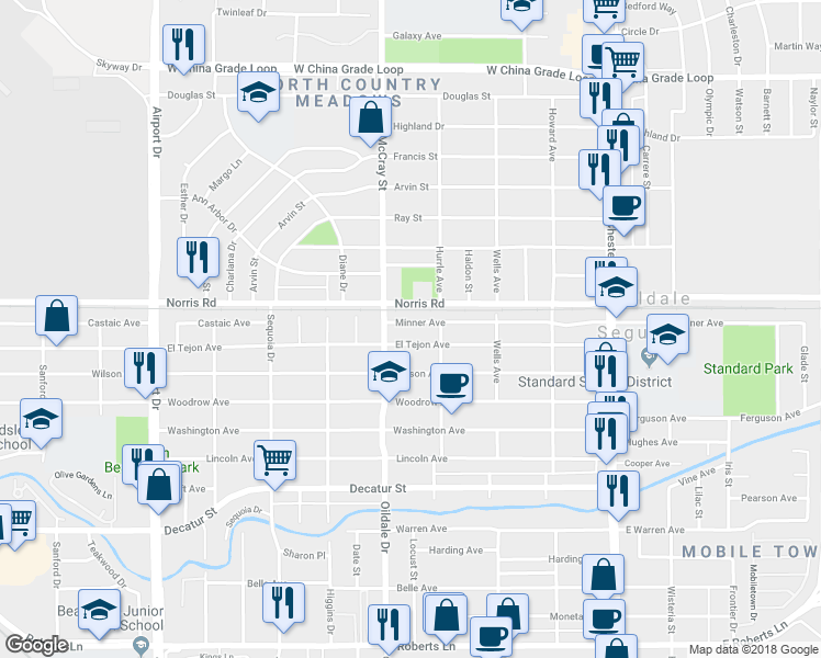 map of restaurants, bars, coffee shops, grocery stores, and more near 413 Minner Avenue in Bakersfield