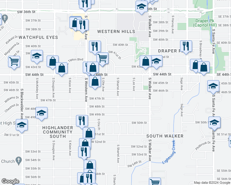 map of restaurants, bars, coffee shops, grocery stores, and more near 704 Southwest 46th Street in Oklahoma City