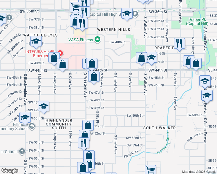 map of restaurants, bars, coffee shops, grocery stores, and more near 720 Southwest 47th Street in Oklahoma City