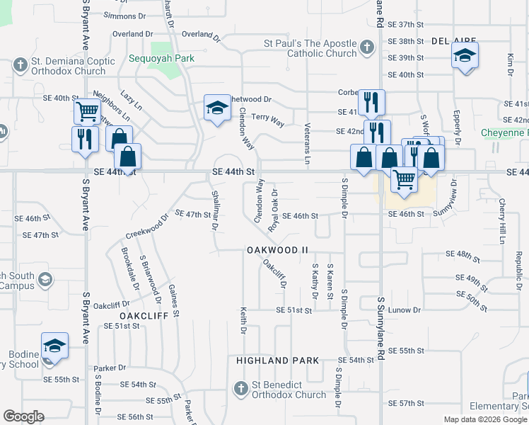 map of restaurants, bars, coffee shops, grocery stores, and more near 3760 Southeast 48th Place in Oklahoma City