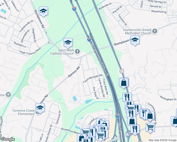 map of restaurants, bars, coffee shops, grocery stores, and more near 14663 Heather Leanne Road in Huntersville
