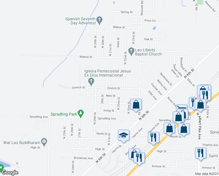 map of restaurants, bars, coffee shops, grocery stores, and more near 3023 Emrich Street in Fort Smith