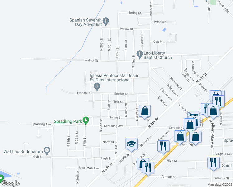 map of restaurants, bars, coffee shops, grocery stores, and more near Emrich Street in Fort Smith