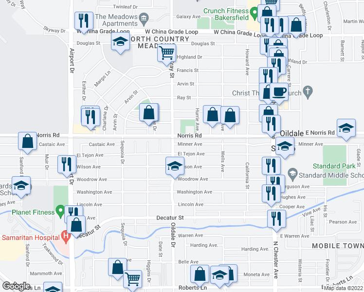 map of restaurants, bars, coffee shops, grocery stores, and more near 415 Minner Avenue in Bakersfield