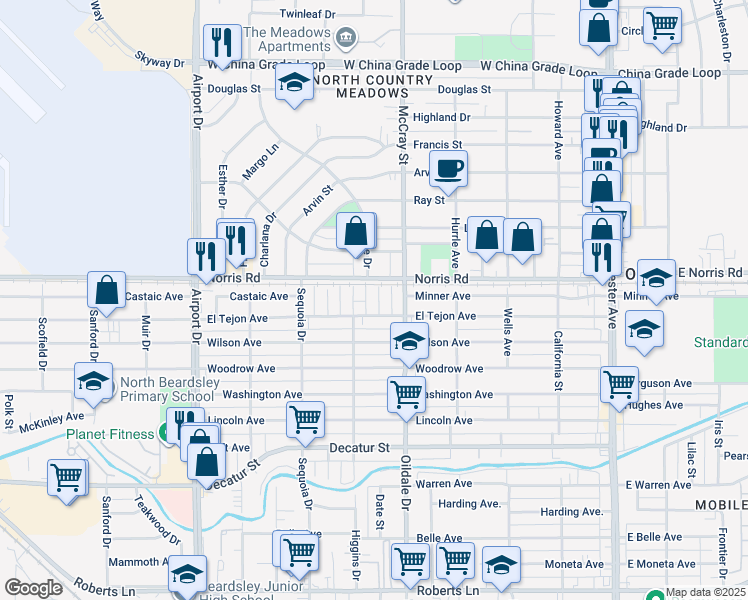 map of restaurants, bars, coffee shops, grocery stores, and more near 1307 Shasta Drive in Bakersfield