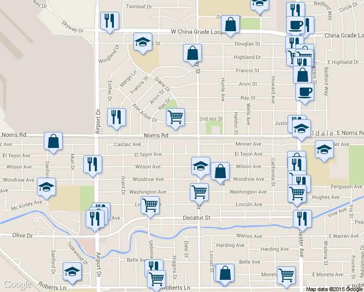 map of restaurants, bars, coffee shops, grocery stores, and more near 516 Norris Road in Bakersfield